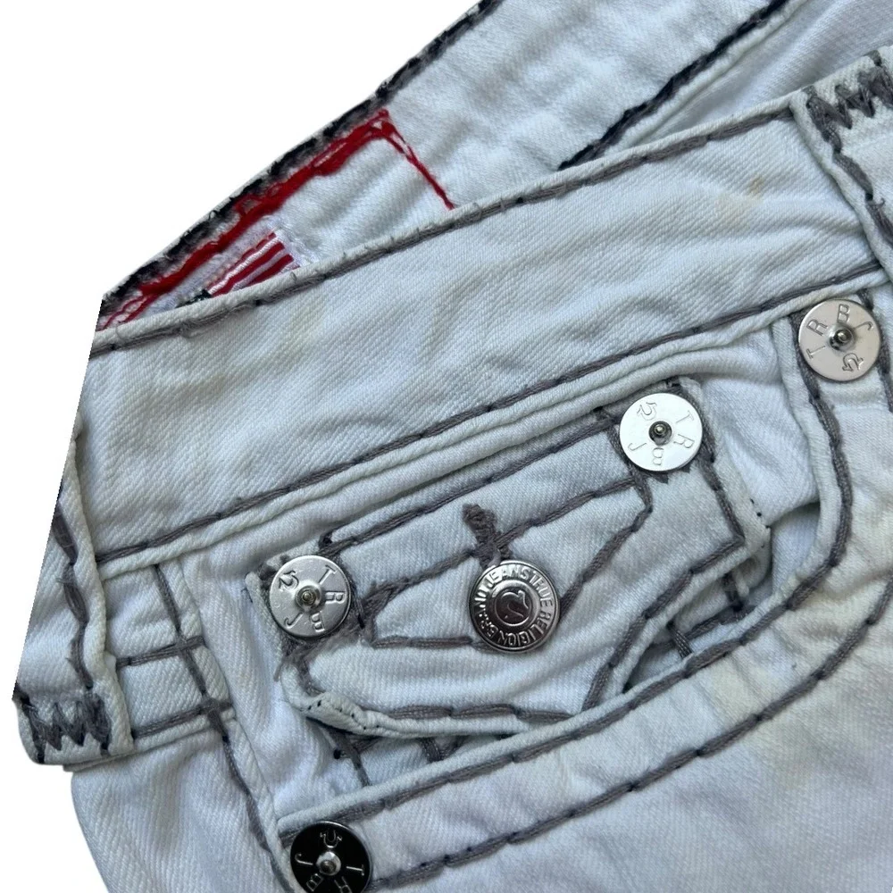 True Religion Mens White Black Contrast Big T Stitch Straight Leg Jeans Size‎ 32